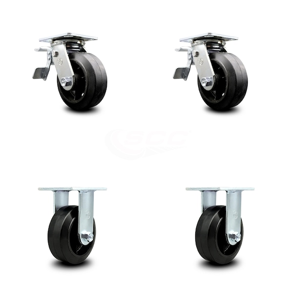 6 Inch Rubber on Steel Caster Set with Ball Bearings 2 Brakes 2 Rigid SCC